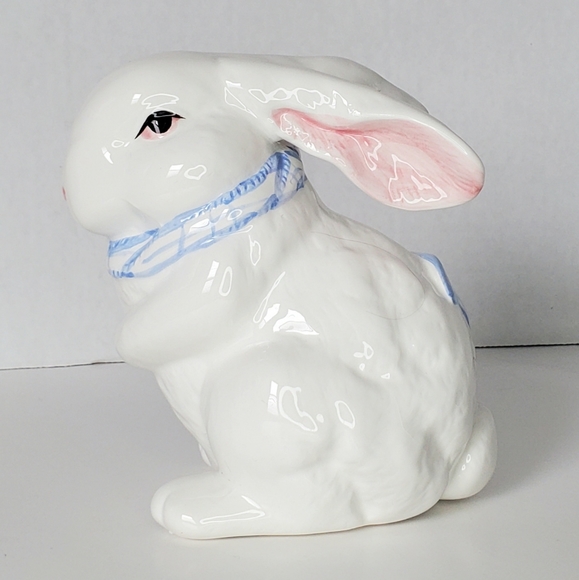 Vintage White Bunny Ceramic Figurine Blue Gingham Scarf Easter Spring - Picture 3 of 11